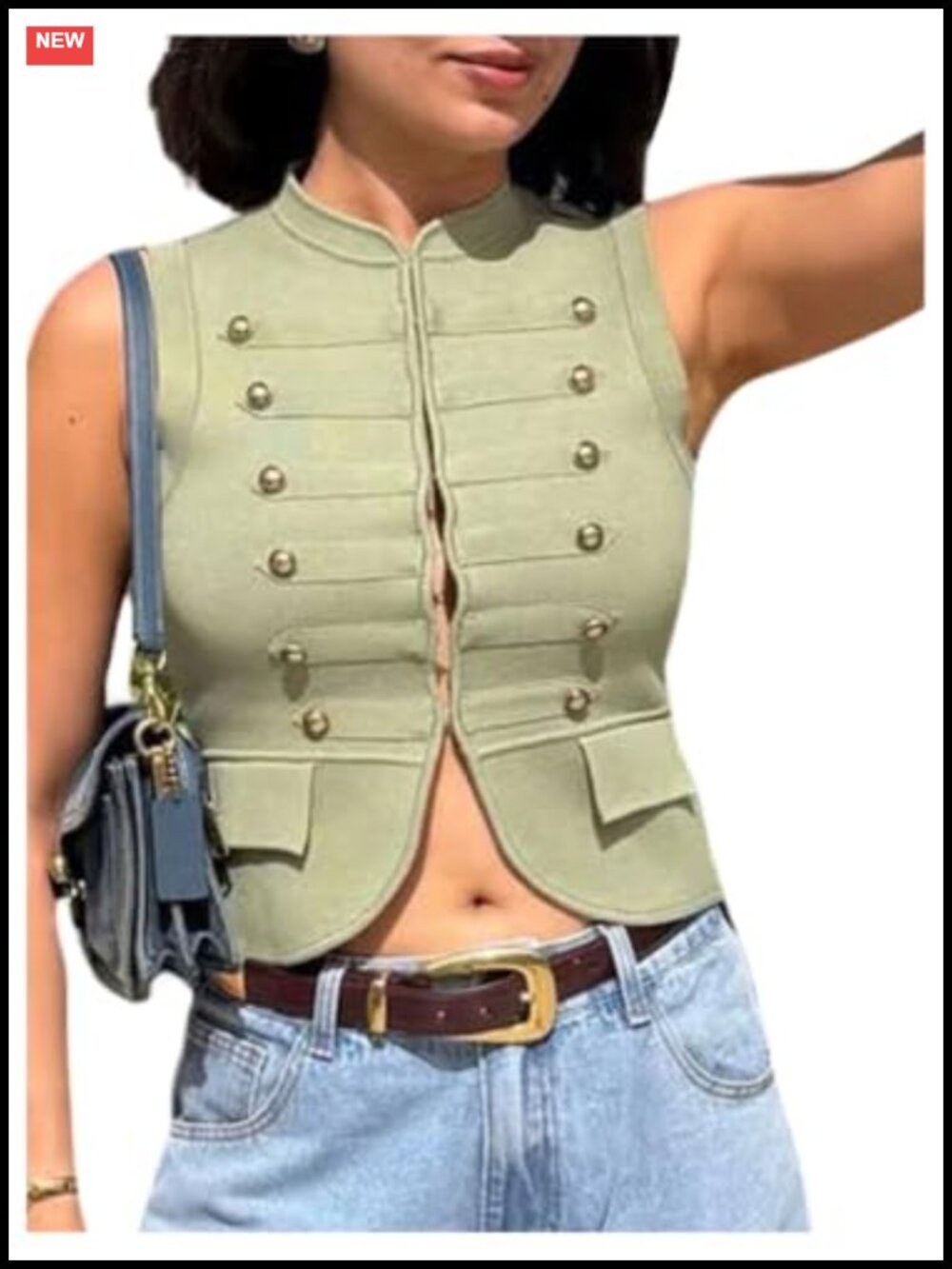 Mock Neck Knit Tank Top Double Breasted Button Waistcoat Vest